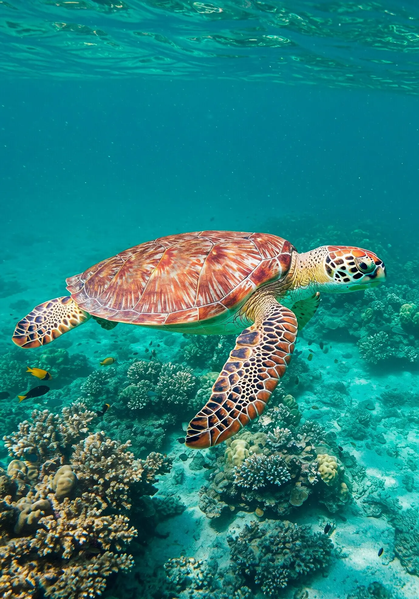 Schildkröte schwimmt unter Wasser über einem Korallenriff