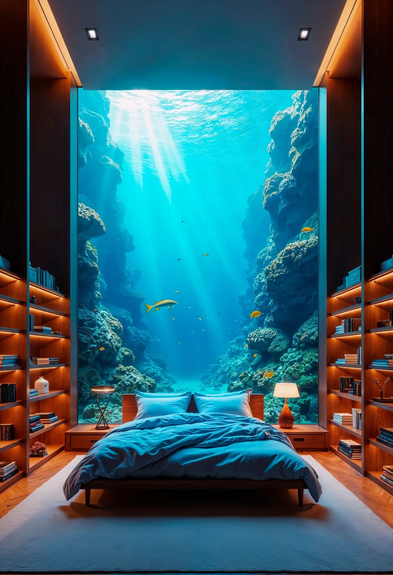 Unterwasser-Schlafzimmer mit Aquariumblick